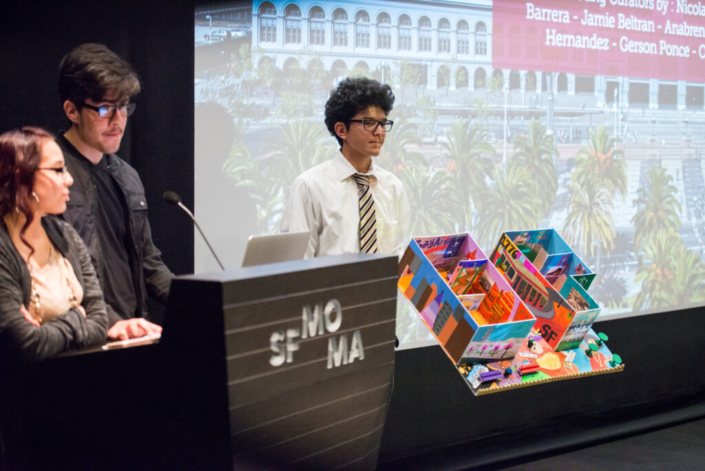 Students presenting a sculpture project at Wattis Theater