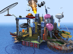 Video still of an animated city