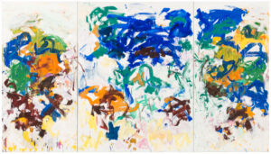 Three-panel abstract painting with colorful lines over an off-white background