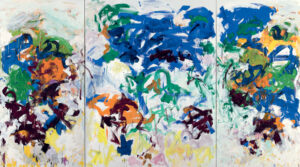 Three-panel abstract painting with colorful lines over an off-white background