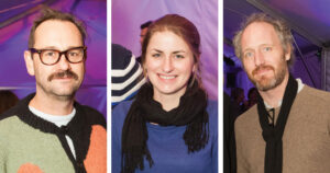 Three photos side by side, two of men on either edge, and one of a woman in the middle