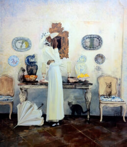 Woman standing in a room smoking a cigarette
