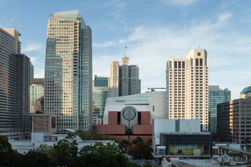 The SFMOMA building, Yerba Buena Gardens and the San Francisco skyline